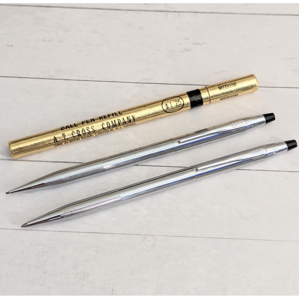 Vintage Cross Chrome Ballpoint Pen Lot of 2 Ribbed Grip w/ Original Refill Tube